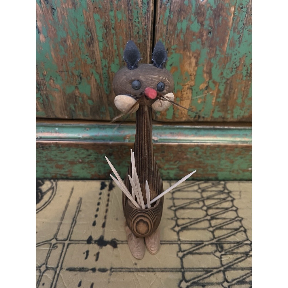 Cat Toothpick Holder Vintage Mid-Century Modern Wooden Teak